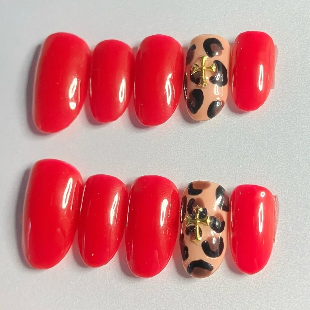 Red Leopard Accent Press-On Nail Set - Women Accessories